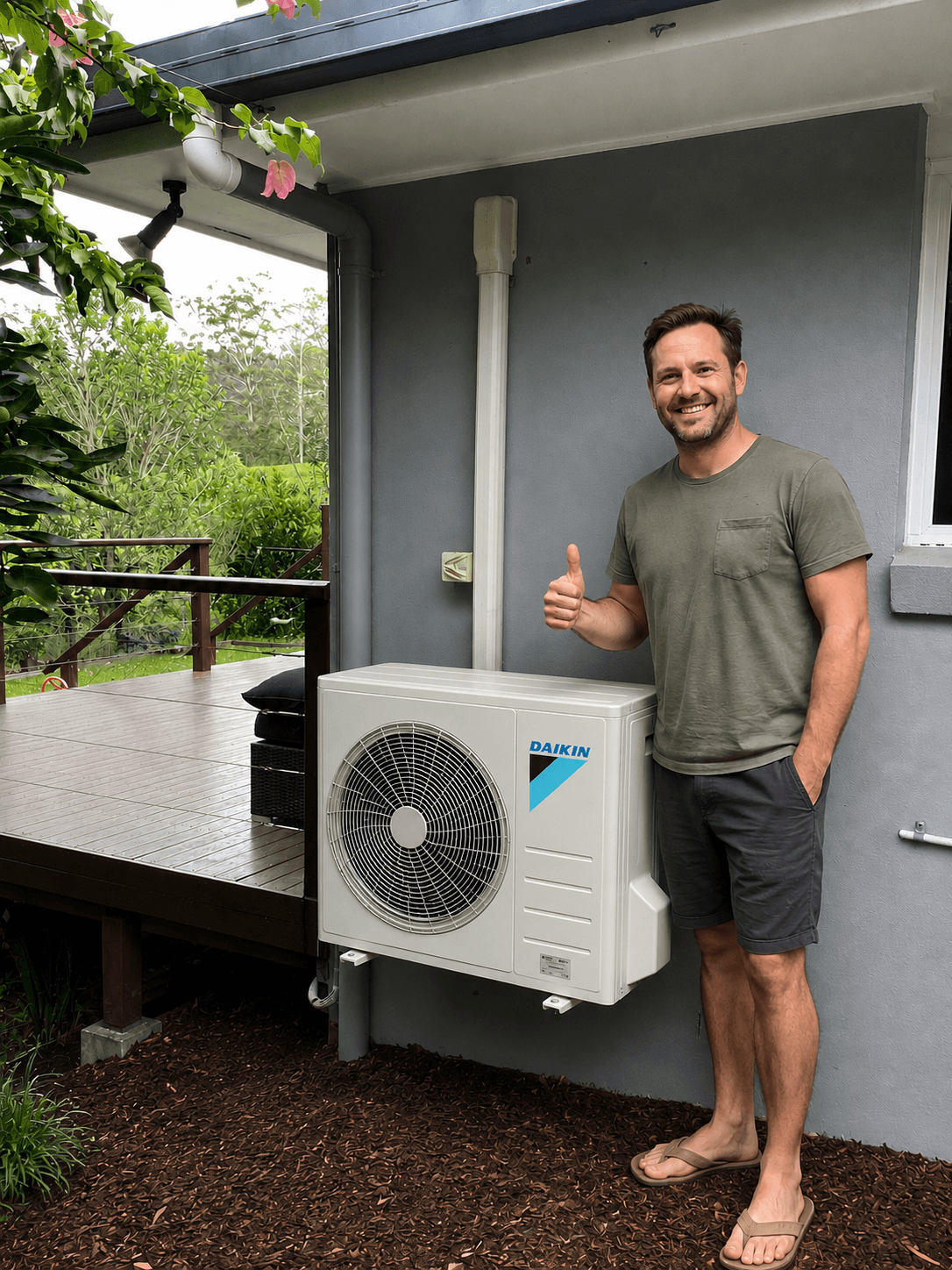 A man stands next to a Daikin outdoor air conditioning unit mounted on a wall, giving a thumbs up.