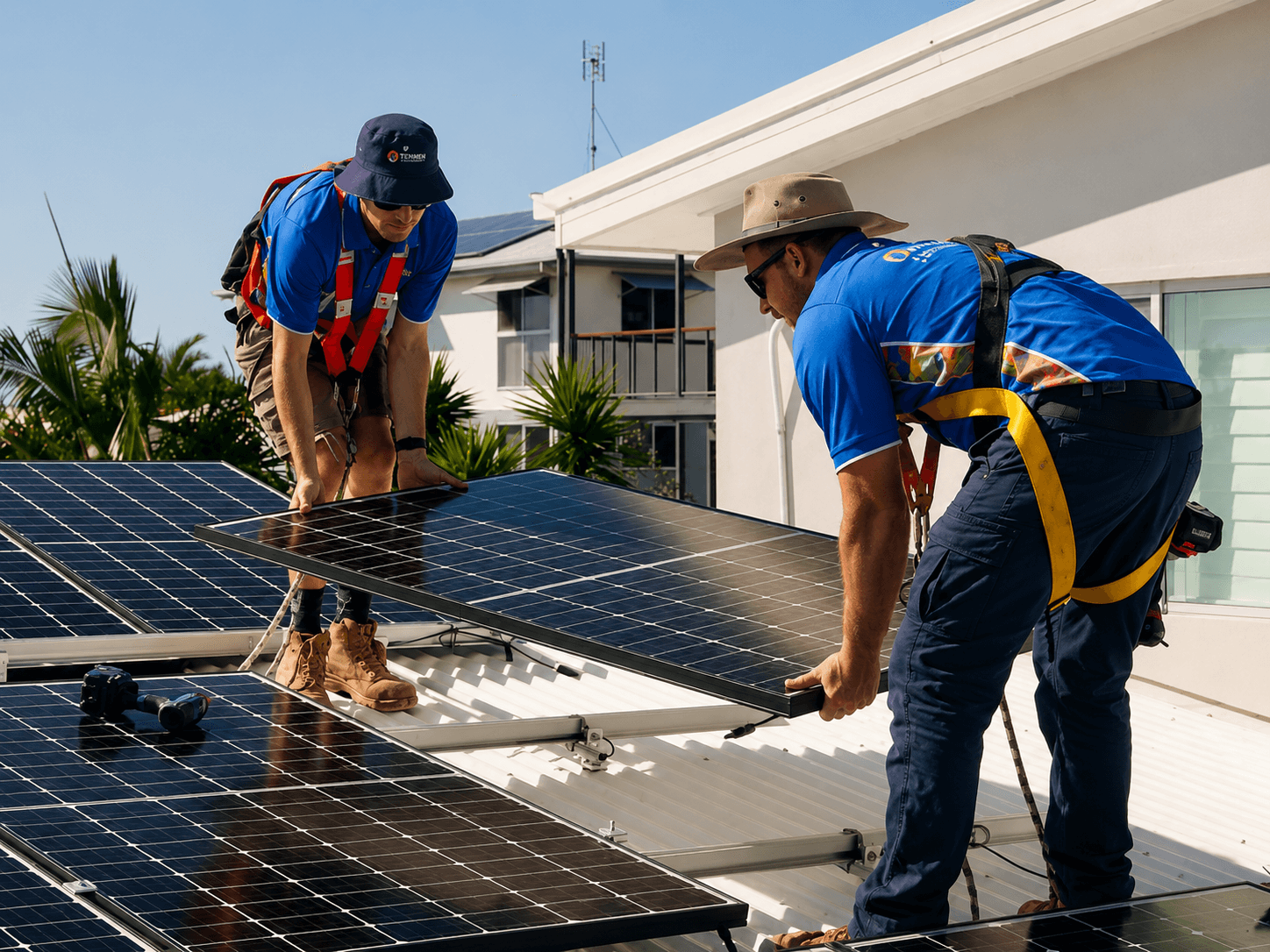 Two Tenmen Electrical technicians installing rooftop solar panels on a residential home on the Sunshine Coast, Queensland.