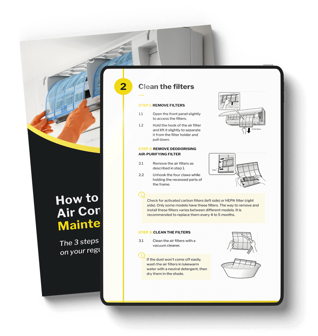 Instructional graphic on cleaning air conditioner filters, highlighting three steps with illustrations. Step-by-step text explains removing, replacing, and cleaning the filters alongside a side leaflet.
