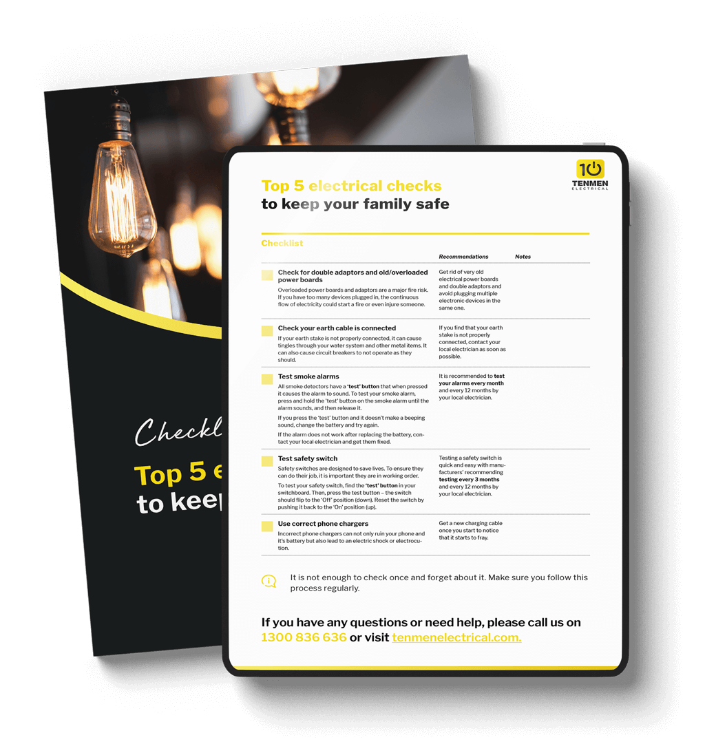 A flyer titled "Top 5 electrical checks to keep your family safe" lists safety checks for electrical adapters, cables, smoke alarms, socket outlets, and phone chargers. Contact info at the bottom for Temmen Electrical.