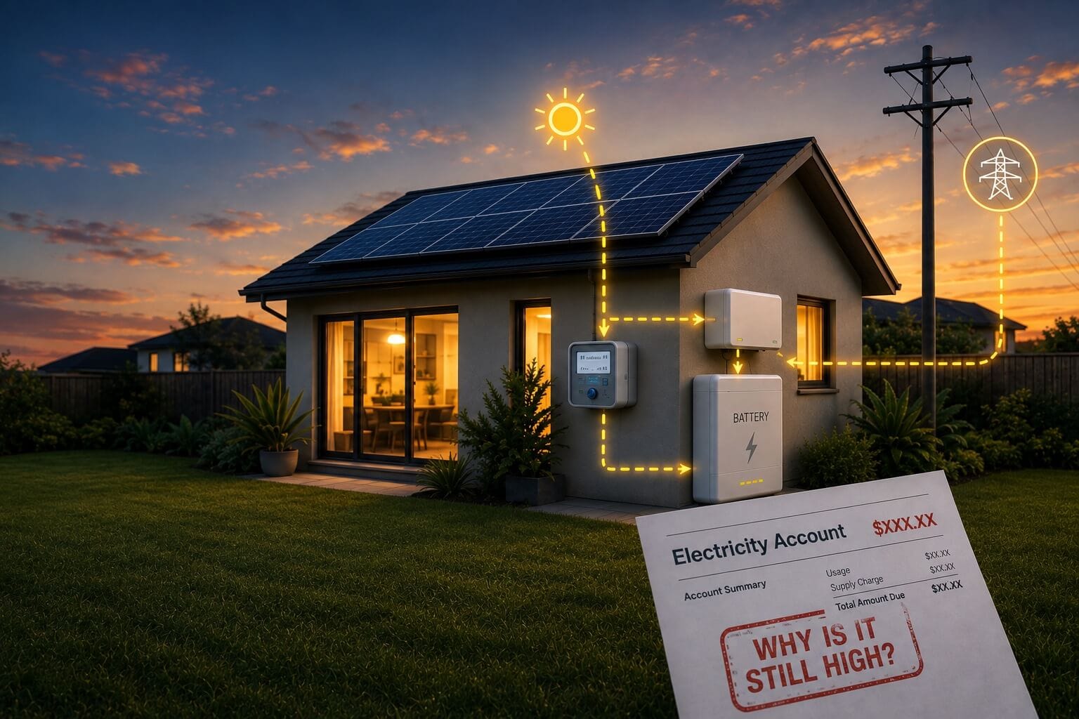 A modern house with solar panels and battery, illuminated at sunset, with a high electricity bill in the foreground asking, “Why is it still high?”.