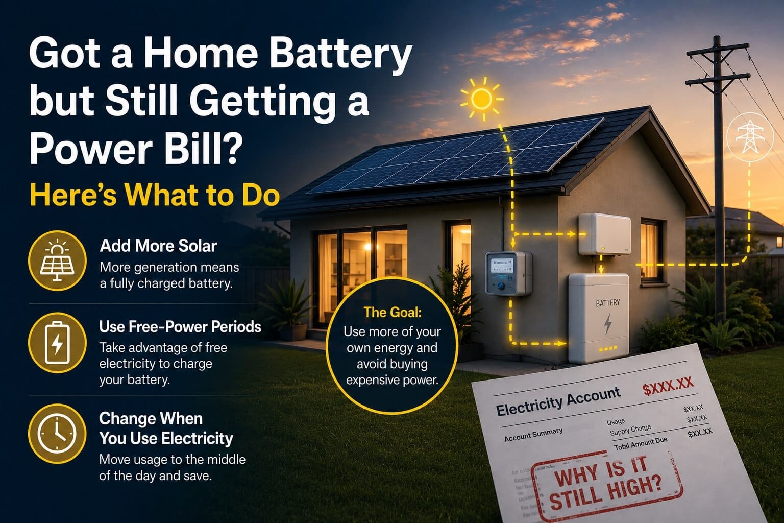 A modern house with solar panels and a battery unit; text explains ways to reduce power bills with solar, free-power periods, and electricity use changes.