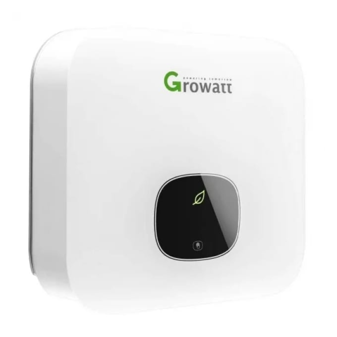 A white Growatt inverter with a black display panel and a green leaf icon on the front.