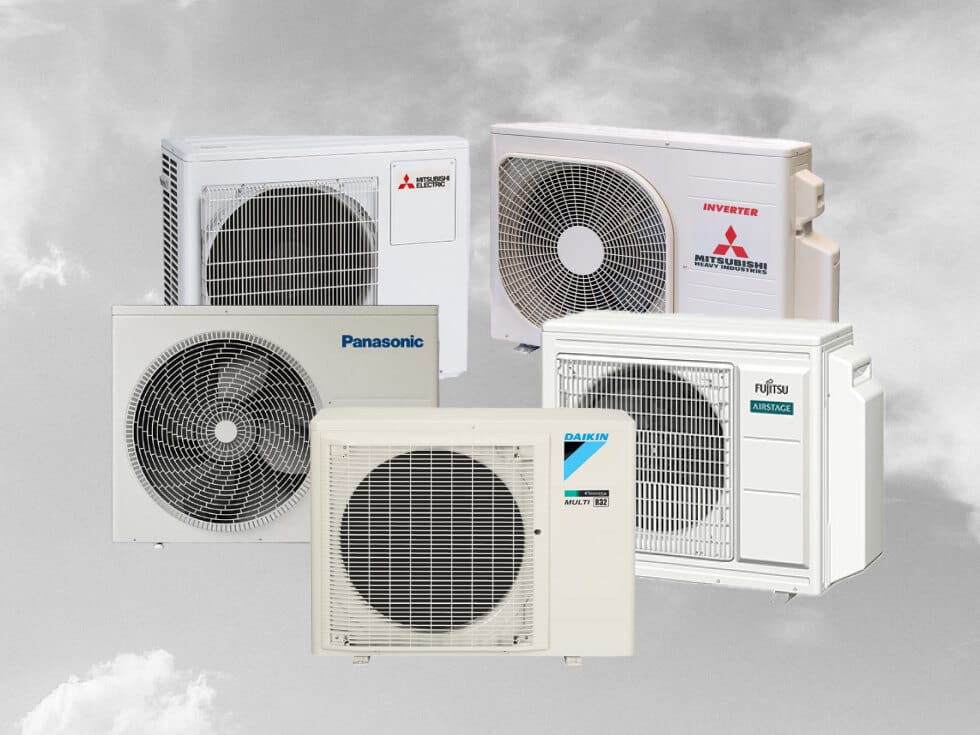 Five outdoor air conditioning units from different brands, including Mitsubishi, Panasonic, Daikin, and Fujitsu, are arranged against a cloudy sky background.