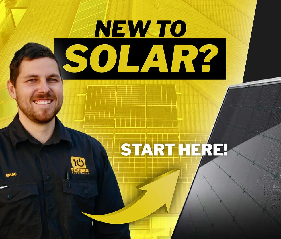 A man in a black uniform stands smiling next to a large solar panel with the text “New to Solar? Start Here!” on a yellow background.