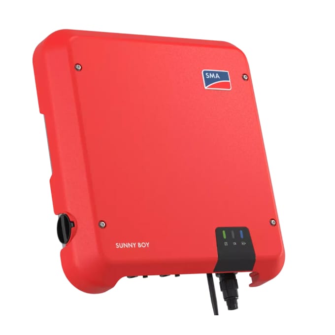 A red SMA Sunny Boy solar inverter with indicator lights and a cable connection visible at the bottom.