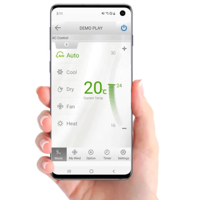 A person holding up a smart phone with a temperature control app on it.