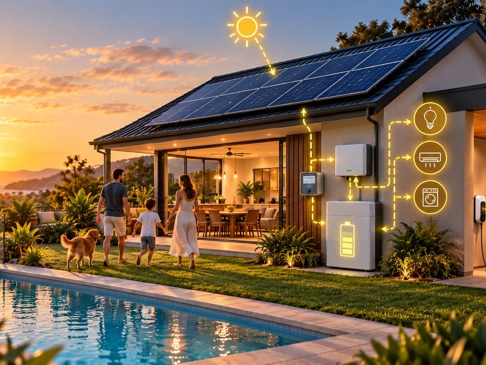 A family and their dog walk near a house with solar panels on the roof connected to an energy storage system powering household appliances.