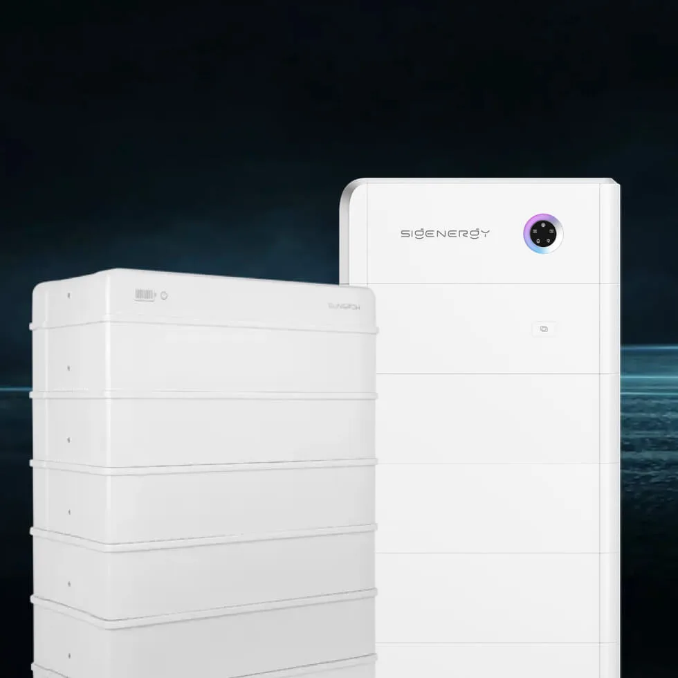 Two white, rectangular battery storage units stand side by side against a dark background; one unit features a circular display and the brand name "Sigenergy.