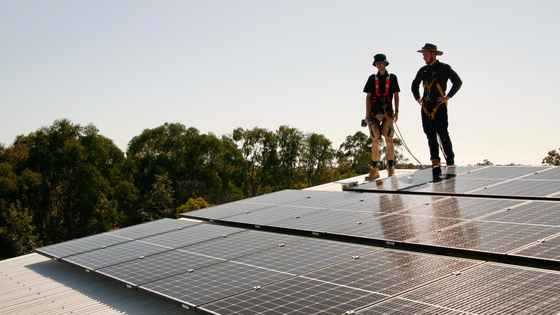 Two workers in safety gear stand on a roof with solar panels, with trees and a clear sky in the background.