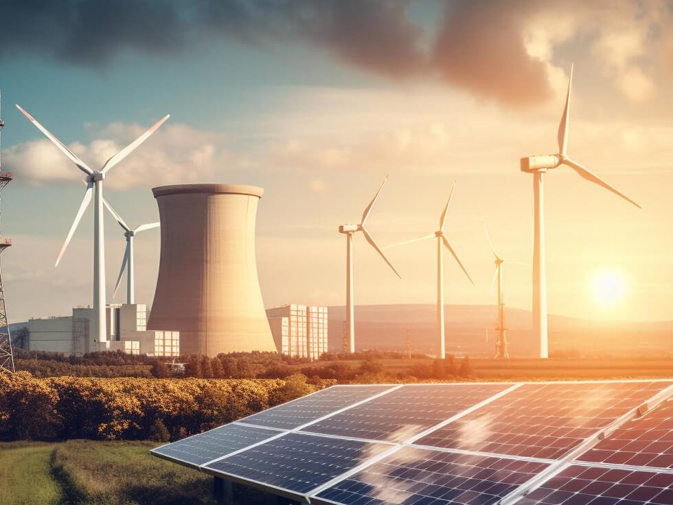 A landscape featuring wind turbines, a solar panel array, and a nuclear power plant in the background, illustrating various sources of renewable and non-renewable energy under a partly cloudy sky.