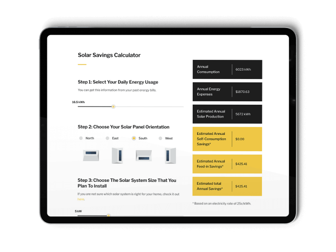 An iPad screen displaying the solar savings calculator for the Sunshine Coast.