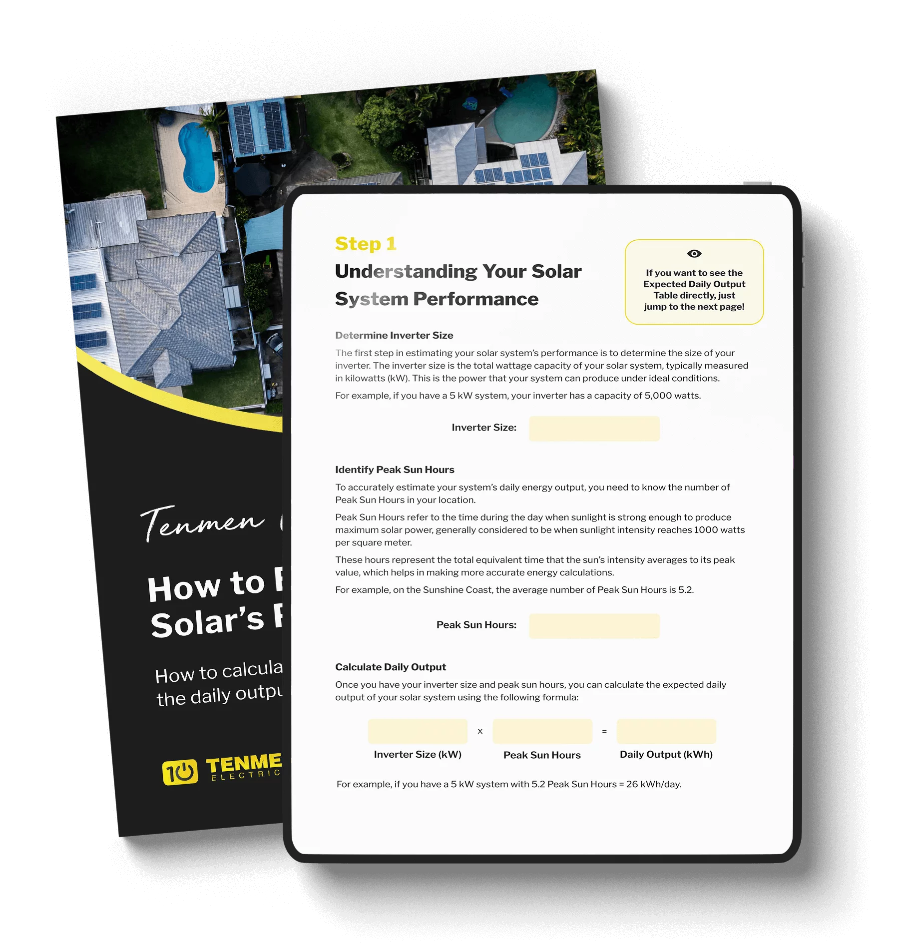 A brochure titled "How to Review Your Solar’s Performance" is underneath a tablet displaying a guide on solar system performance.