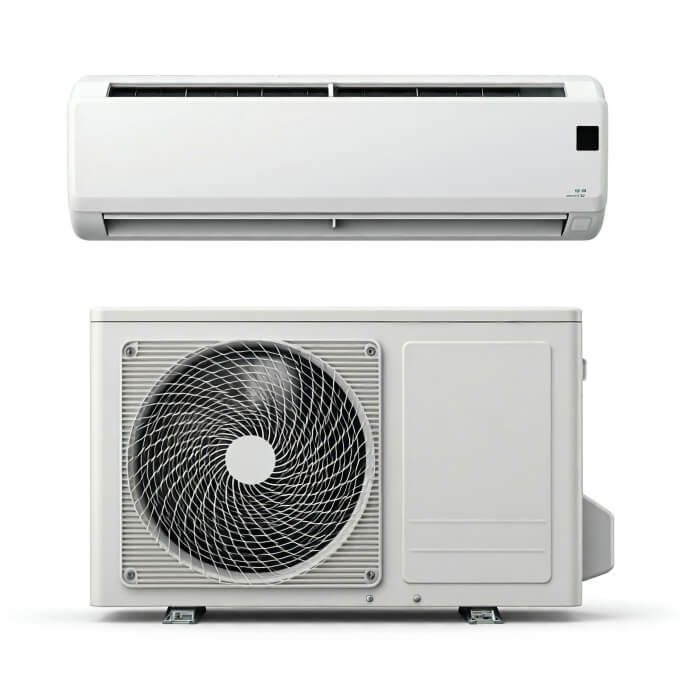Wall-mounted Split System Air Conditioner indoor unit above a rectangular outdoor compressor unit against a white background. Ideal for Australia, this setup is popular among the best brands for efficient cooling and heating.