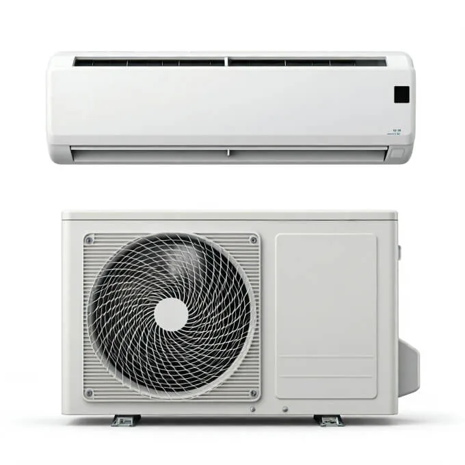 Wall-mounted Split System Air Conditioner indoor unit above a rectangular outdoor compressor unit against a white background. Ideal for Australia, this setup is popular among the best brands for efficient cooling and heating.