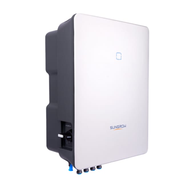 A rectangular Sungrow electrical inverter with a plain white front panel and dark sides, mounted vertically on a wall.