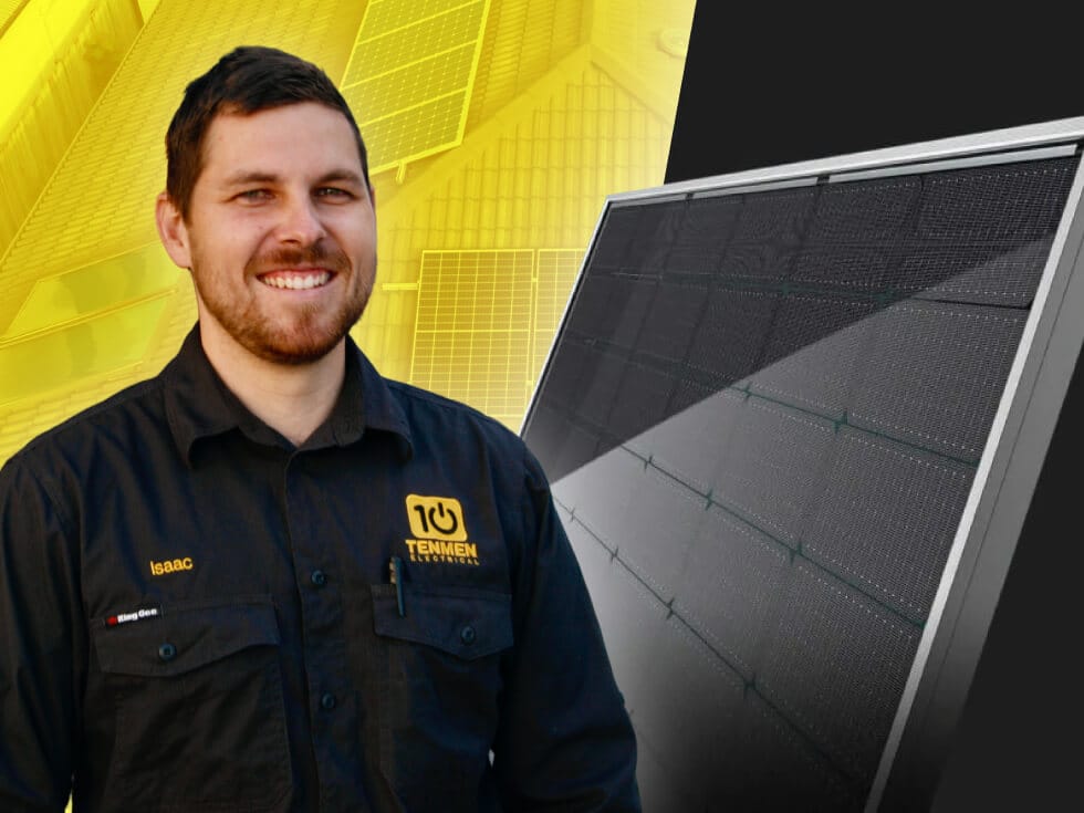 A man in a branded Temmen Electrical shirt stands beside a solar panel, with a yellow background featuring solar panel graphics.