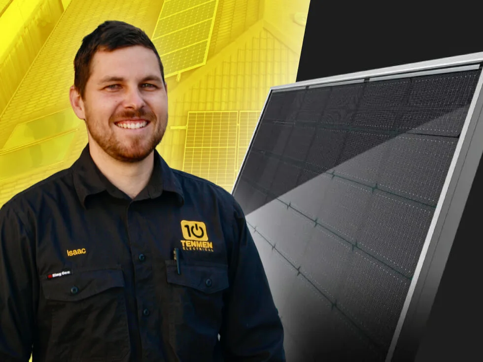 A man in a branded Temmen Electrical shirt stands beside a solar panel, with a yellow background featuring solar panel graphics.