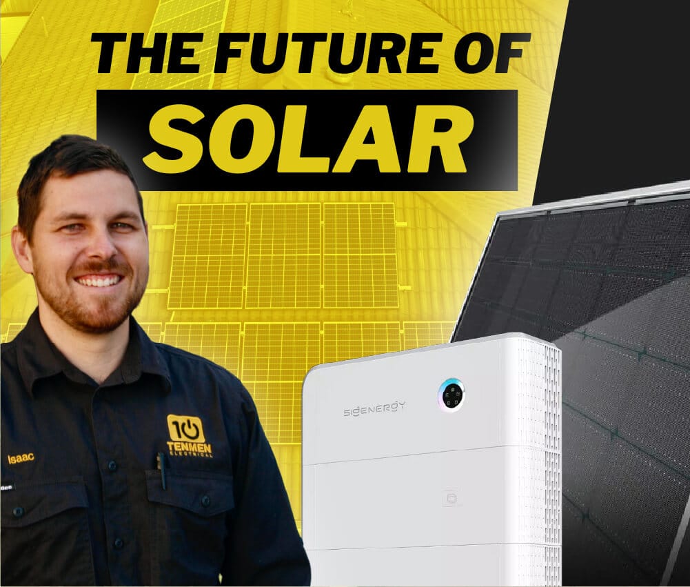 A man in a uniform stands next to solar panels and a battery with the text "The Future of Solar" in bold yellow and black above.