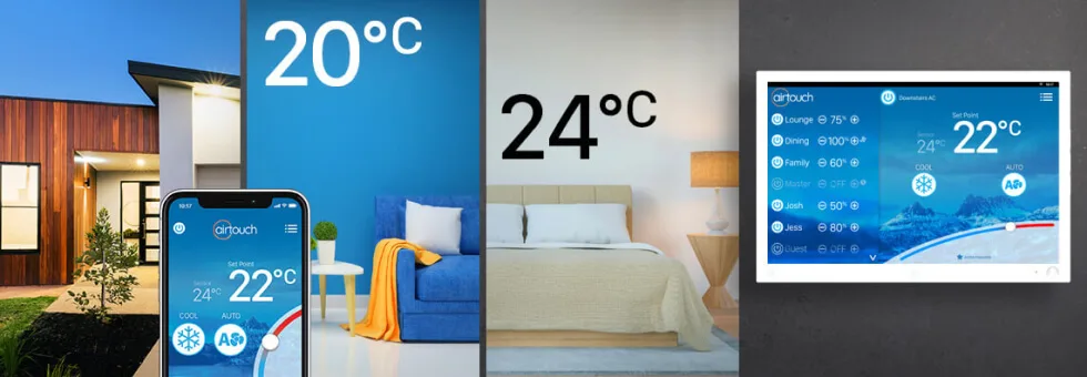 Smart home thermostat interface showing temperatures of 20°C, 24°C, and 22°C on various devices in different home settings.