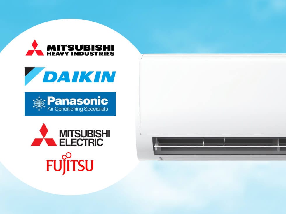 Logos of Mitsubishi Heavy Industries, Daikin, Panasonic, Mitsubishi Electric, and Fujitsu next to a wall-mounted air conditioning unit against a blue sky background.
