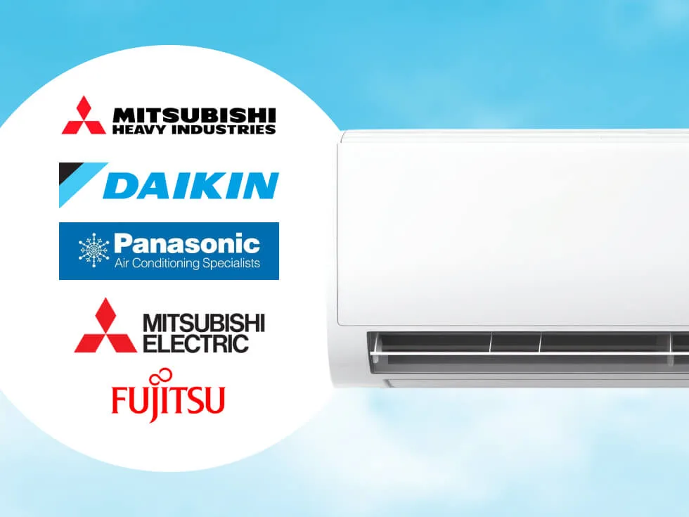 Logos of Mitsubishi Heavy Industries, Daikin, Panasonic, Mitsubishi Electric, and Fujitsu next to a wall-mounted air conditioning unit against a blue sky background.