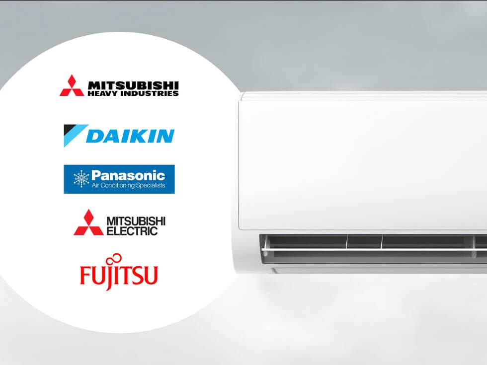 A wall-mounted air conditioner unit beside logos of Mitsubishi Heavy Industries, Daikin, Panasonic, Mitsubishi Electric, and Fujitsu on a white background.