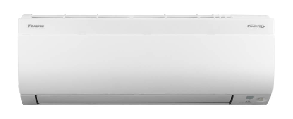A white air conditioner on a white background.