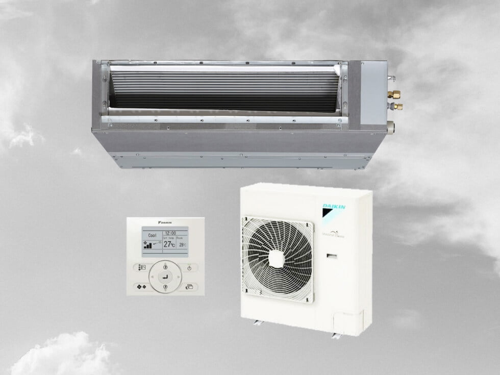 A split system air conditioner with a remote control.