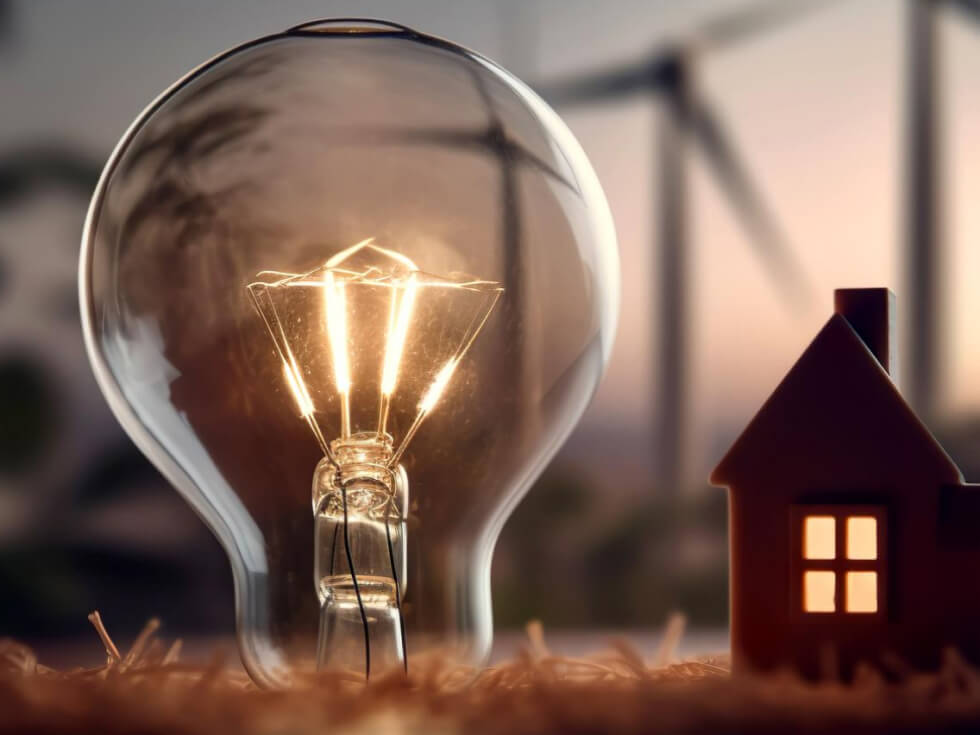 A light bulb in front of a house and wind turbines.