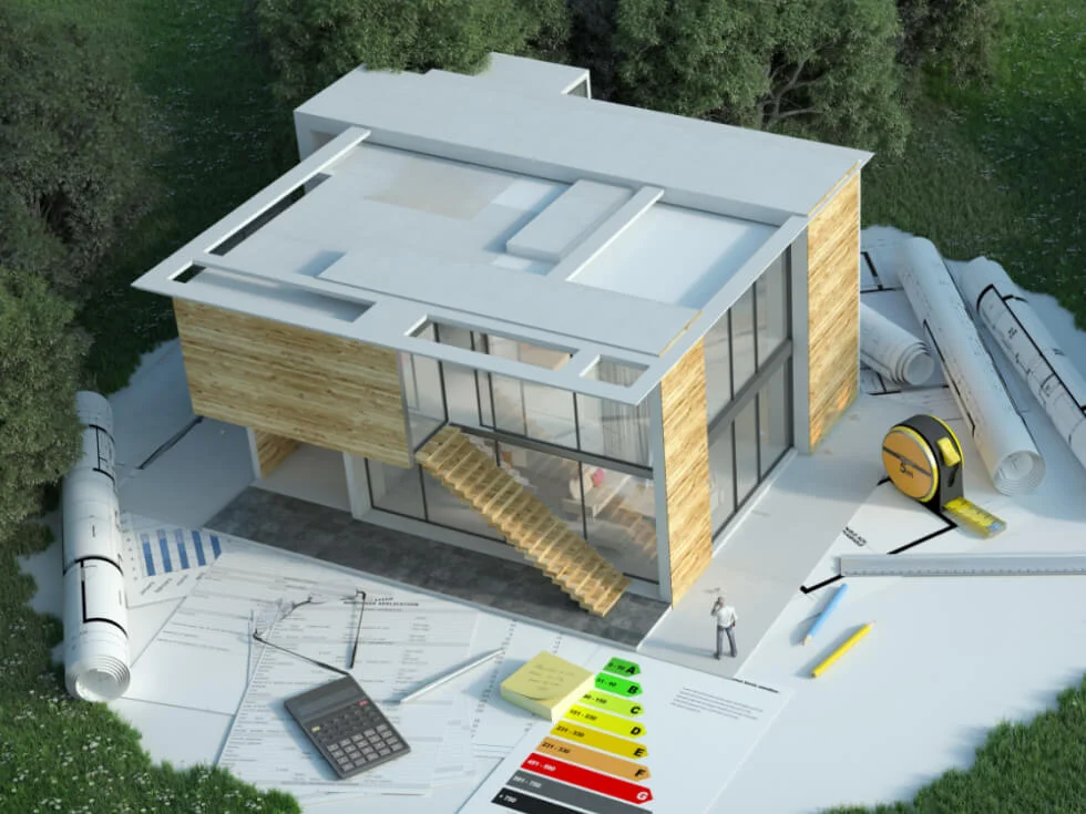 3d rendering of a house with a blueprint on top of it.