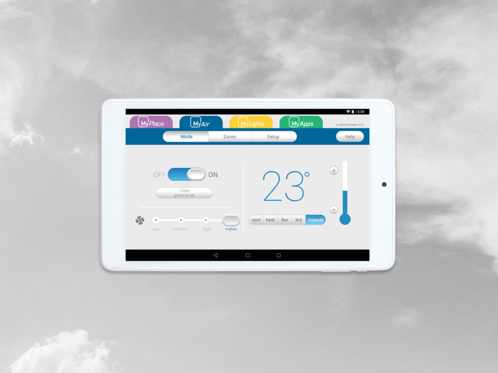 A tablet displaying a weather app with clouds in the background.