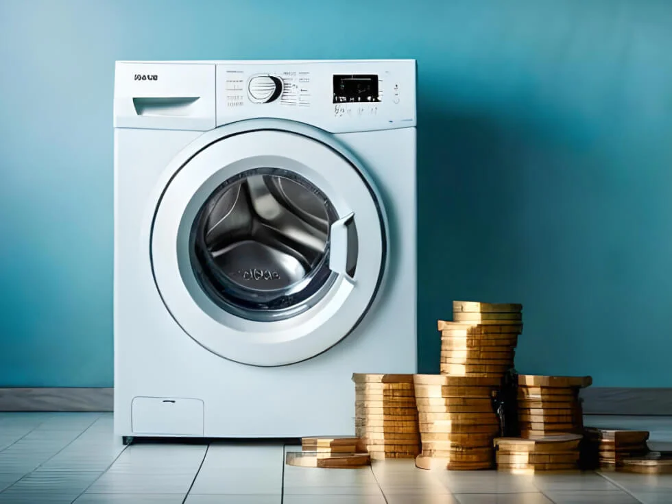 A washing machine with stacks of gold coins in front of it.