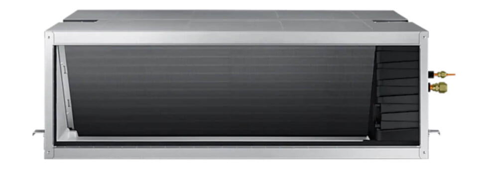 A stainless steel air conditioner on a white background.