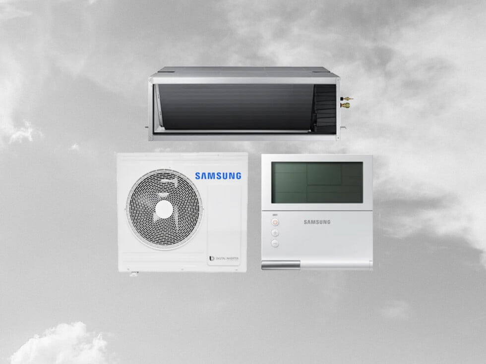 A samsung air conditioner with a remote control.