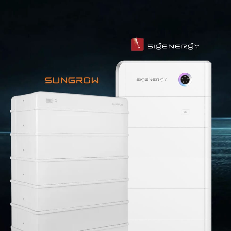 Two white electricity storage battery units are shown, one labeled "Sungrow" and the other labeled "Sigenergy," against a dark background.
