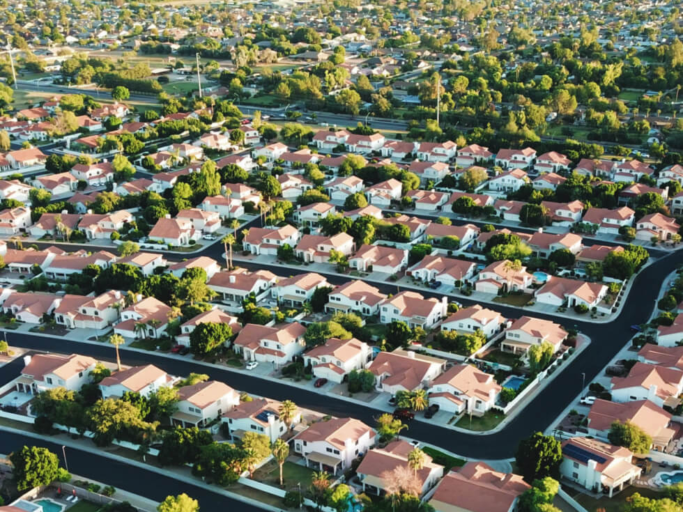 An aerial view of a residential neighborhood.